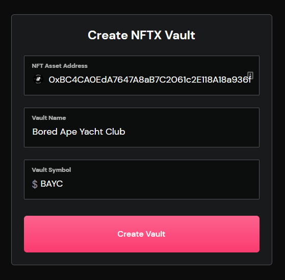 NFTX Create Vault Screen